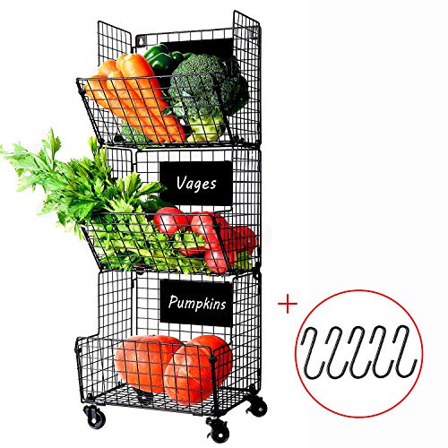 X-cosrack 3 Tier Metal Wire Baskets -Wall Storage Basket Organizer with Wheel, S-Hooks,Adjustable Chalkboards- Hanging Baskets for Kitchen,Fruit, Vegetables, Toiletries, Bathroom Rack(Black)
