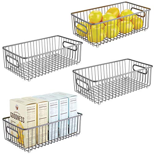mDesign Metal Farmhouse Kitchen Pantry Food Storage Organizer Basket Bin – Wire Grid Design for Cabinet, Cupboard, Shelf, Countertop – Holds Potatoes, Onions, Fruit – Large, 4 Pack – Graphite Gray
