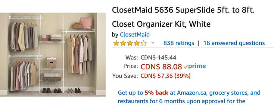 Amazon Canada Deals: Save 39% on ClosetMaid 5636 SuperSlide 5ft