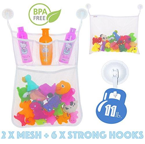 2 x Mesh Bath Toy Organizer Set - Bath Toy Storage Organizer + Large Storage Net Bag with Pockets for Shower Accessories - Cosmetics + 6 Strong Suction Hooks for Smooth Surfaces - for Kids and Adults