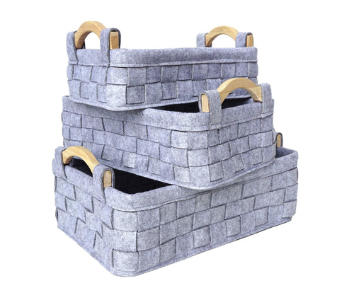 Handcrafted4Home GLNY2004 3-Multi-Size Rectangular Felt Fabric Storage Baskets with Carry Wooden Handle for Shelves, Cloths, Toy Organizer in Bedroom, Living Room, Kid's Room, Cubby, Closet, Laundry