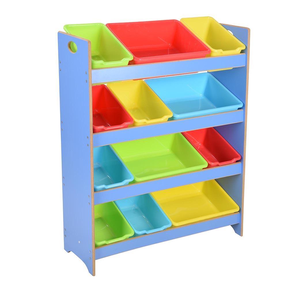 4-Tier Kids Toys Organizer Shelf 12-Bin Plastic Storage Blue